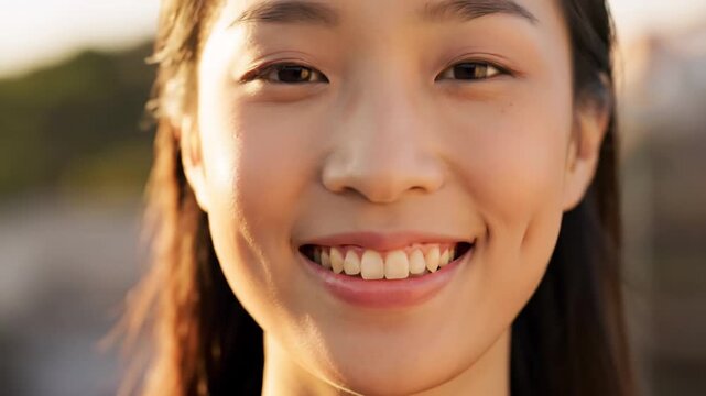 Close-up portrait of smiling Asian woman, cheerful, happiness, positive emotion, cheerful, and confident face expression.