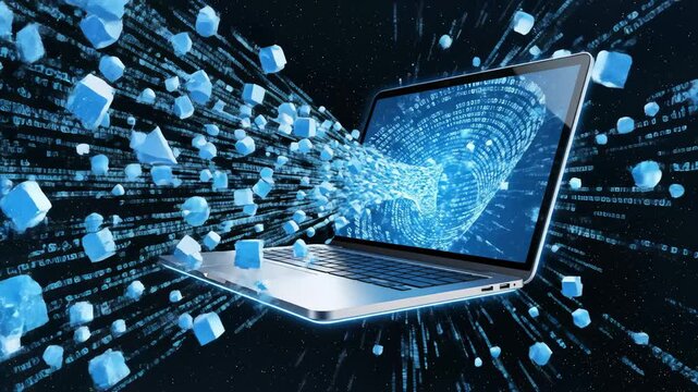 Laptop Displaying Abstract Data Stream and Flying Cubes