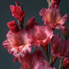 Close-up of several vibrant, ruffled gladiolus flowers in shades of pink and peach, against a dark background