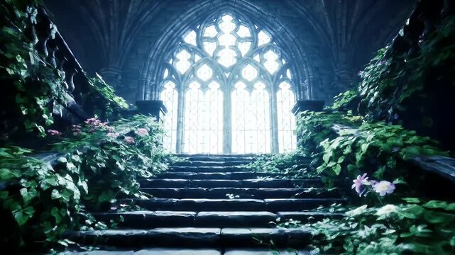 Overgrown Gothic Cathedral Ruins with Ivy-Clad Arched Window and Stairs Leading to Light