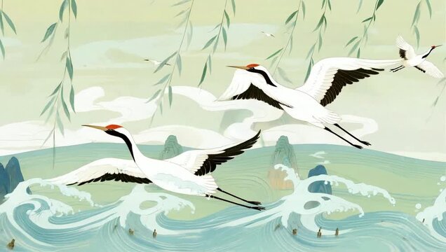 Cranes flying over waves with mountains