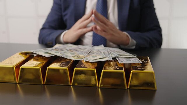 Successful rich man with gold and bitcoin money. Business success man with gold fund. Golden bar. Golden bar vs dollar and bitcoin. Rich businessman has gold bitcoin and cash money. Financial success