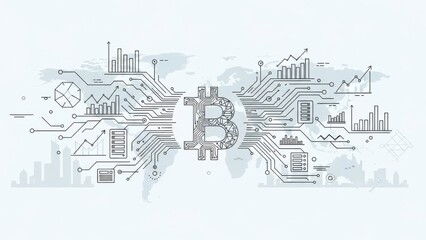 Fototapeta premium Complex global cryptocurrency network visualized with interconnected digital data circuits and