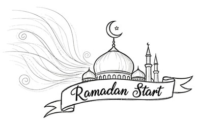 Ramadan Start Mosque Illustration with Crescent Moon and Minarets.