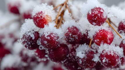 雪をまとった赤い果実のクローズアップ
