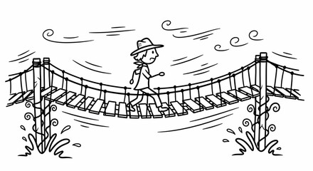 Cartoon drawing of a person crossing a dangerous rope bridge. © Watirah