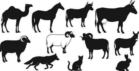 Farm animal silhouettes vector set including cow, goat, sheep, camel, horse, donkey, ram, fox, cat, rabbit, isolated black illustration
