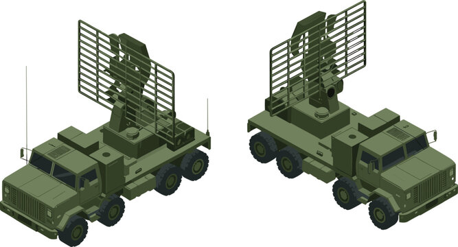 3D isometric illustration of military radar trucks, mobile surveillance vehicles, army defense technology, tactical equipment, armored transport, modern warfare systems