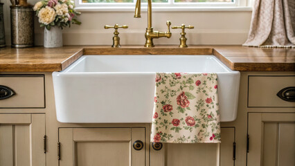 Farmhouse kitchen design cottage sink vintage apron floral towel fragrant bouquet brass faucet
