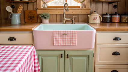 Farmhouse kitchen design cottage sink pastel apron plaid towel retro faucet rustic window