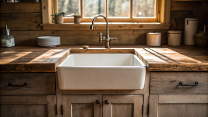 Farmhouse kitchen design cottage sink warm rustic wood counter farmhouse kitchen design cottage sink with sunlight and cozy