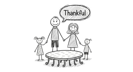 Stick figure family expressing thankfulness around a table.