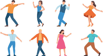 Flat vector illustration of diverse people dancing, modern characters celebrating music, movement, lifestyle, fun, party, energy, joy, and social activity