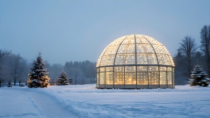 Obraz premium Transparent Glass Observatory Filled with Programmable Light Spheres Shaped Like Ornaments Twinkling Above Snowfields Blending Futuristic Innovation with Winter Beauty and Holiday Magic