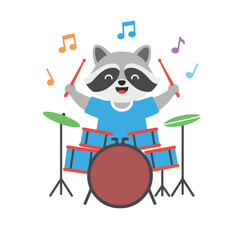 A cheerful cartoon raccoon wearing a blue shirt plays a drum set with colorful music notes floating above, illustrating a fun musical moment.