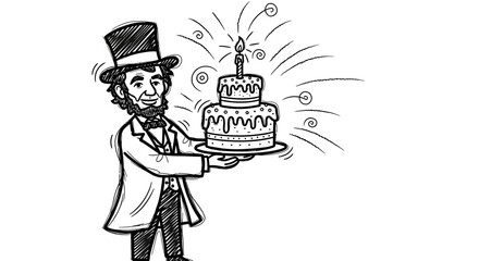 Abraham Lincoln holding birthday cake, celebrating special occasion with joy.