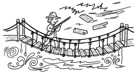 Man with rifle crossing a broken rope bridge over water. © Watirah