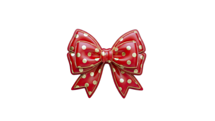 Red Polka Dot Bow with Gold Trim on White Background