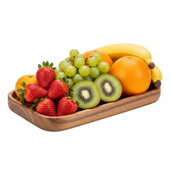 Wooden Tray with Assorted Fresh Fruits Including Grapes, Strawberries, Kiwi, Bananas, and Citrus Isolated on White Background