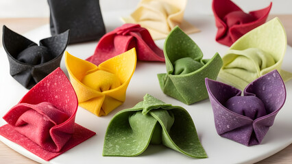 Colorful Napkins Folded into Decorative Shapes.