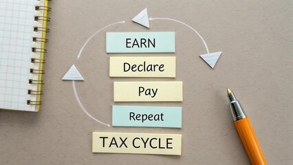 Concept of Tax Cycle with Steps Earn, Declare, Pay and Repeat on a Modern Desk with Stationery Elements and Pen