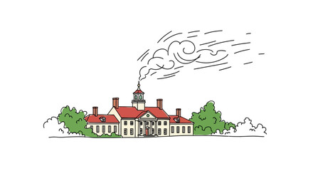 Elegant architectural illustration of a historic building with smoke rising from the chimney.