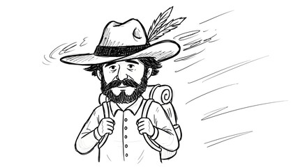 Determined Hiker with Backpack and Feathered Hat Illustration.