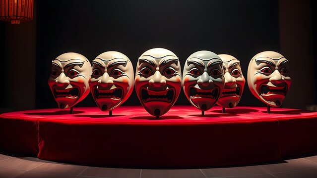 kabuki. A red velvet display of kabuki masks with dramatic expressions and lighting. event programs, museum guides, designed for cultural heritage projects and event programs.