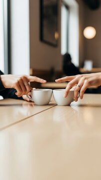 Two people making first connection during blind date at cozy cafe, hands positioned on wooden table suggesting nervous anticipation and romantic possibility
