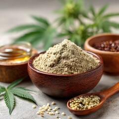 Hemp powder in a bowl, with hemp seeds, leaves, and honey