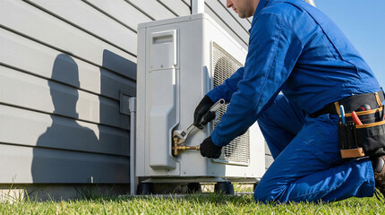 Professional HVAC technician repairing outdoor heat pump unit with wrench, residential air conditioning maintenance concept
