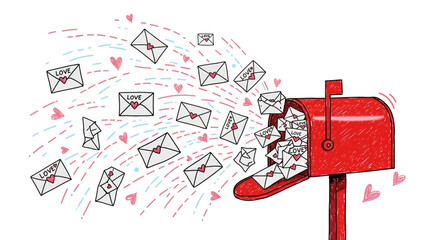 Red Mailbox Overflowing with Love Letters and Hearts.
