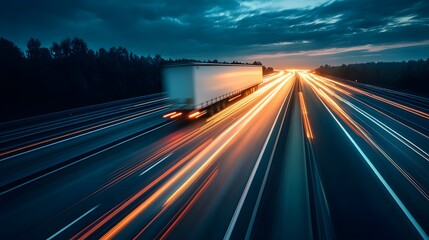 White semi truck driving on highway at night with light trails