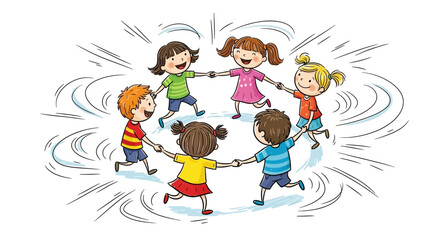Diverse group of happy children holding hands and dancing in a circle.