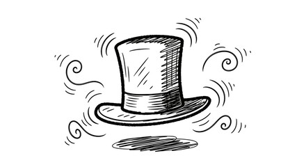 Hand drawn sketch of a floating top hat with magical swirls.