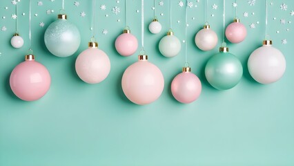 A festive collection of pastel-colored Christmas ornaments and shimmering snowflakes hangs gracefully against a soft teal background.