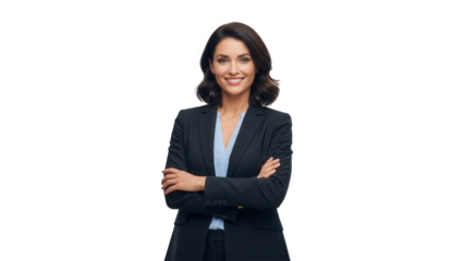 Confident Businesswoman in Black Blazer Standing Against Solid Black Background with Crossed Arms and Smiling Face