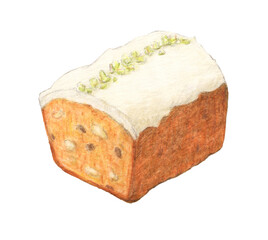 くるみとレーズン入りキャロットケーキ　水彩色鉛筆イラスト
