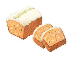 くるみとレーズン入りキャロットケーキ　水彩色鉛筆イラスト
