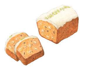 くるみとレーズン入りキャロットケーキ　水彩色鉛筆イラスト

