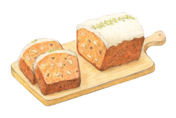 くるみとレーズン入りキャロットケーキ　水彩色鉛筆イラスト
