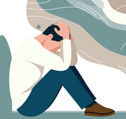 Young Man Feeling Overwhelmed and Depressed with Mental Health Issues Vector Illustration