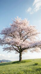Fototapeta premium Majestic sakura tree stands tall in a lush green meadow, its striking stem adorned with vibrant pink flowers during Japans famous spring bloom
