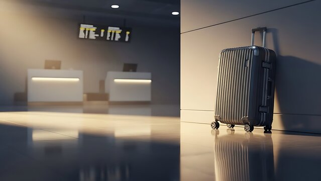 Suitcase waiting at a dimly lit airport checkin counter with dramatic light