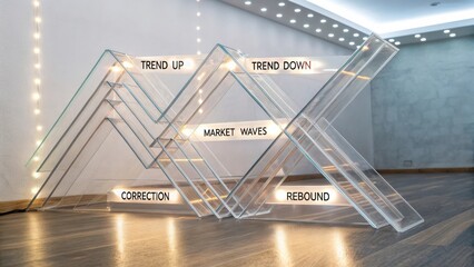 Glossy glass trend lines illustrating market movements with text labels representing financial concepts and market dynamics.
