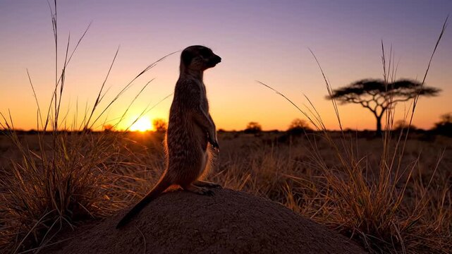 Vigilant Meerkat Surveys Golden African Savannah at Breathtaking Sunset, Standing Tall on Termite Mound