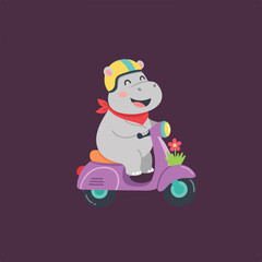 A cheerful cartoon hippo, wearing a yellow helmet and red bandana, rides a whimsical purple scooter adorned with a flower on a dark background.