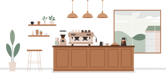 Minimalist illustration of modern coffee shop interior, cafe counter, espresso machine, cozy workspace, urban lifestyle, beverage service design