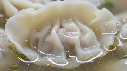 Close up of steamed dumplings in water.