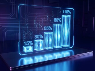 Futuristic glowing blue bar chart displaying percentage growth on a reflective digital platform.